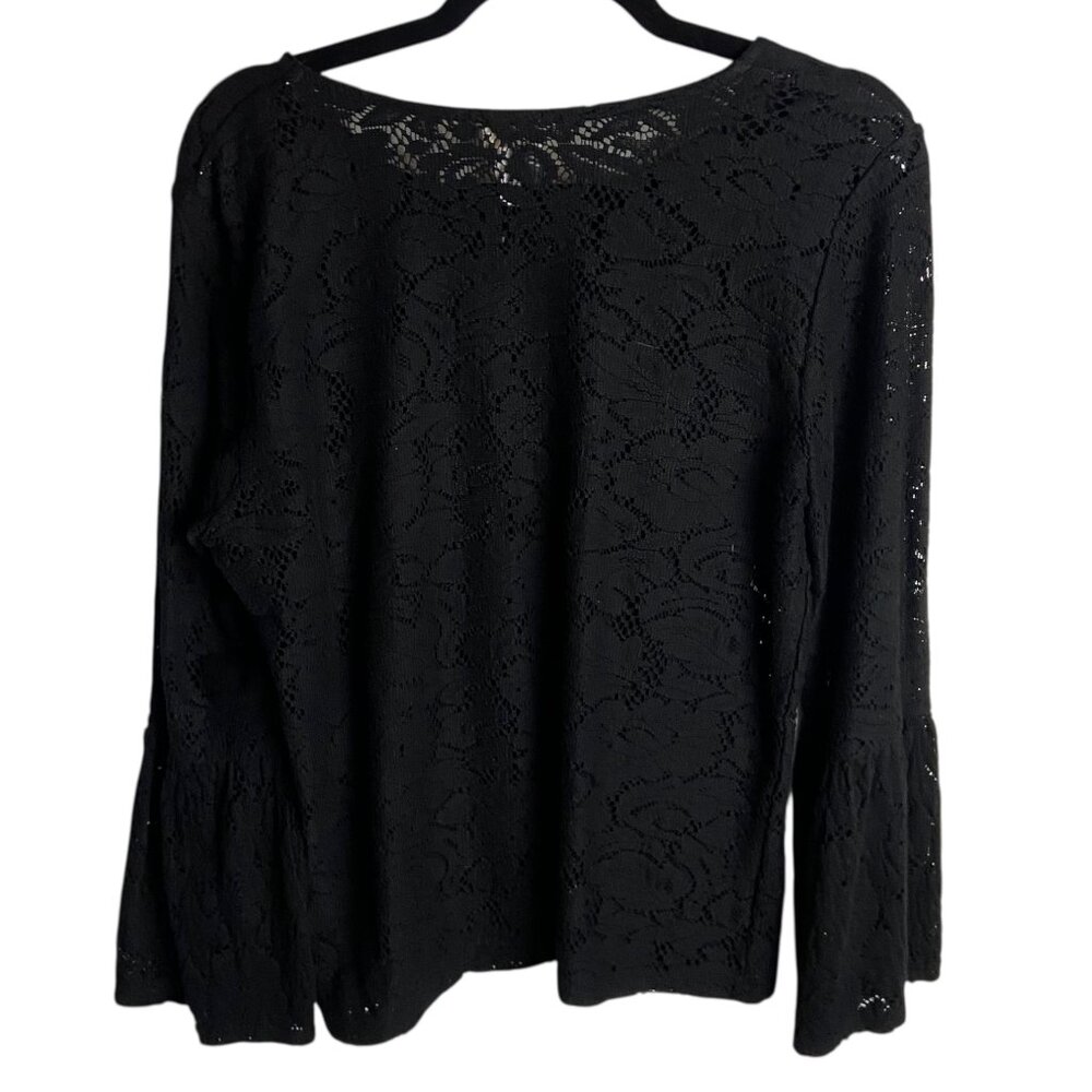 Chico's Size 2 Black Lace Blouse Flare Sleeve Top Whimsigoth Layering Large - Picture 2 of 6